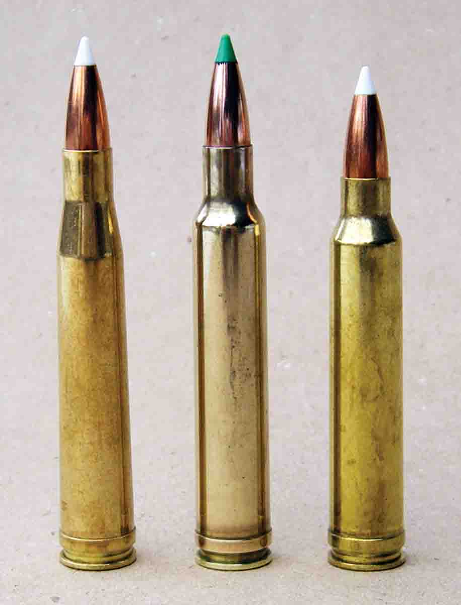 These .30-caliber magnums included (left to right): the .300 H&H Magnum (1925), .300 Weatherby Magnum (circa 1945) and .300 Winchester Magnum. The latter was based on the same belted case and has an overall length of 3.340 inches to function in .30-06 length-bolt actions.
